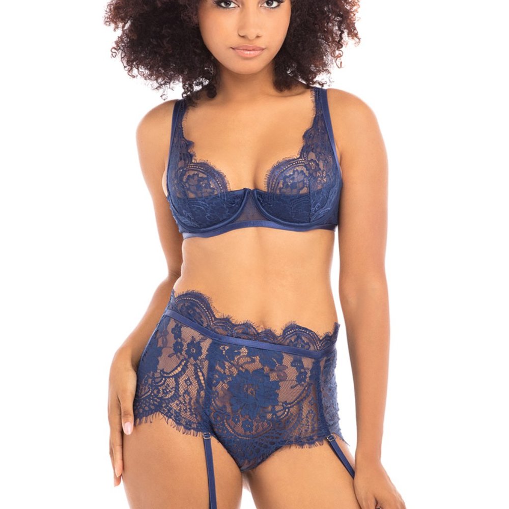 oh la la cheri lace bra and garter set   small navy blue